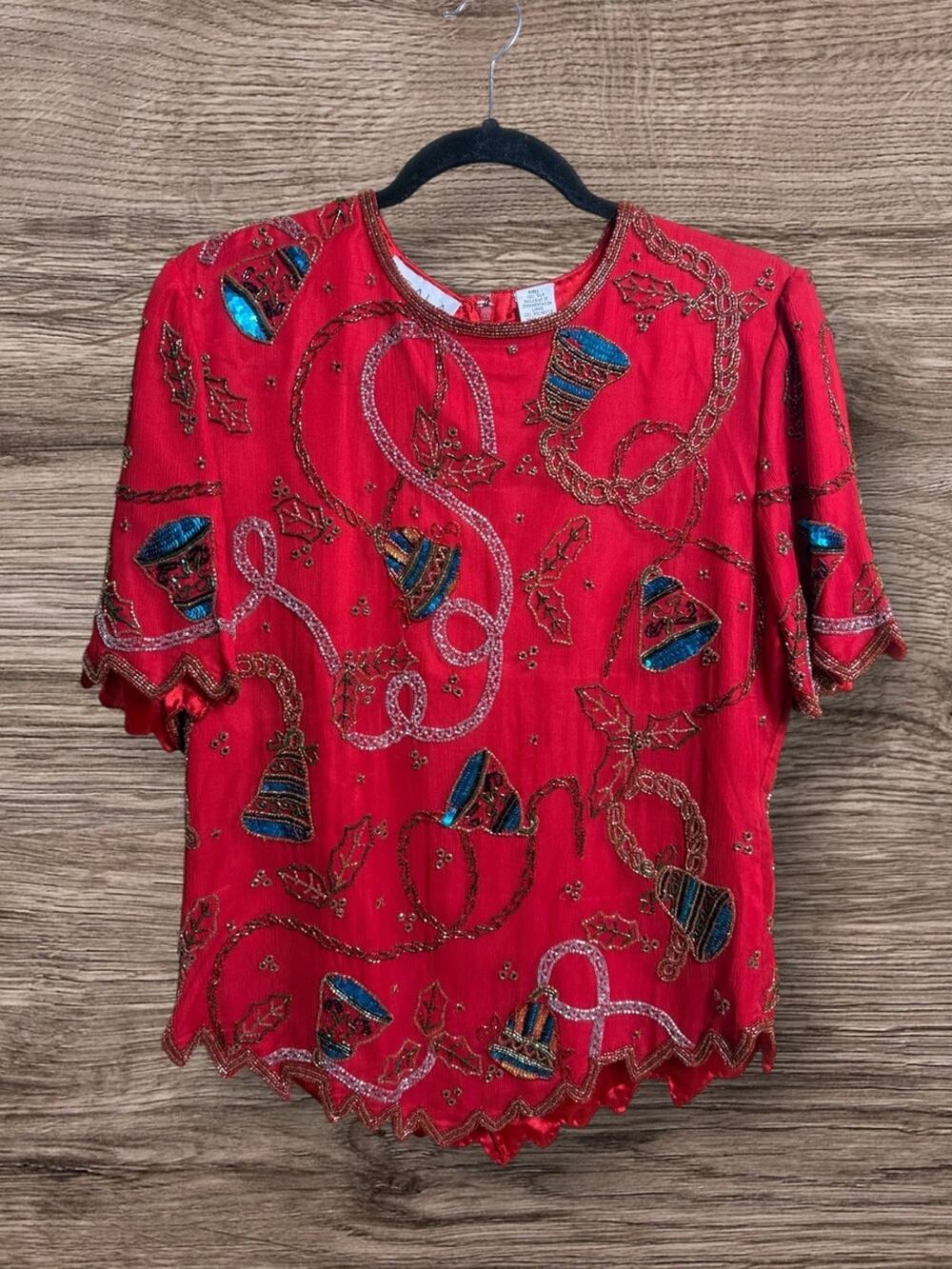 Vintage scala, heavily beaded red silk Christmas top large